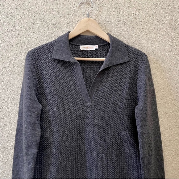 Tory Burch Sweater Henley Melange Wool Honeycomb Classic Minimalist Academia M - Picture 5 of 8